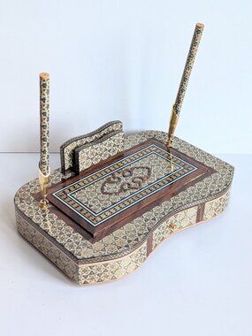 Handmade Middle Eastern Khatam Marquetry Pen Holder Letter Sorter with 2 Pens